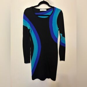 Trina Turk Black Wool Dress with Blue and Teal Accents